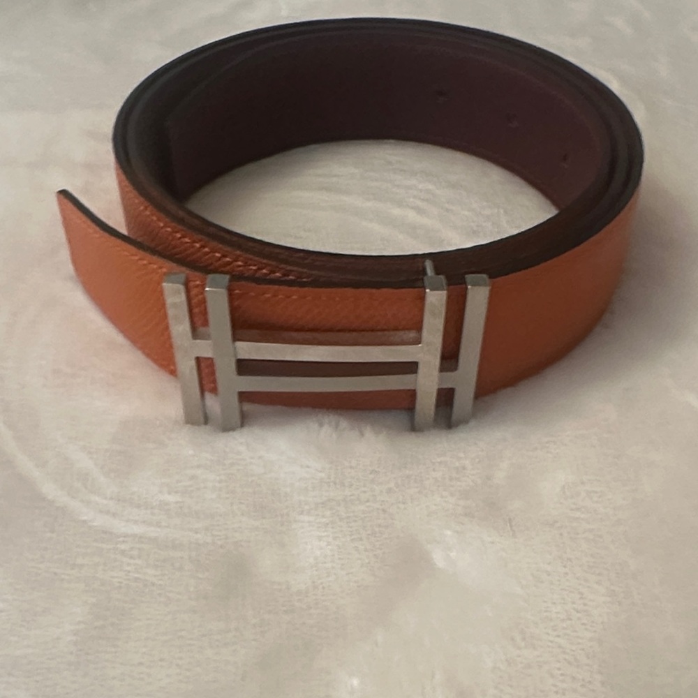 Hermes Reversible Orange/Brown Leather Belt with Silver Buckle